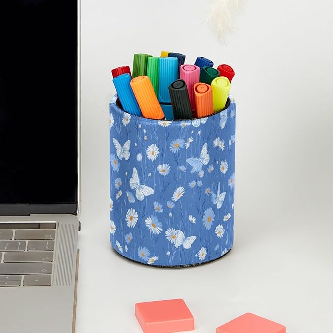 Leather Pen Holder for Desk Blue Butterfly Daisy Pencil Cup Desktop Organizer Makeup Brush Holders Office Supplies for Home, Kids & School