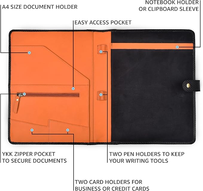 LEATHER VILLAGE Portfolio Professional Organizer– Carbon Fiber Genuine Leather Padfolio Resume Folder for A4 Letter Pad with Pen Holder, Business Card Slots – Ideal for Men & Women- Black Orange