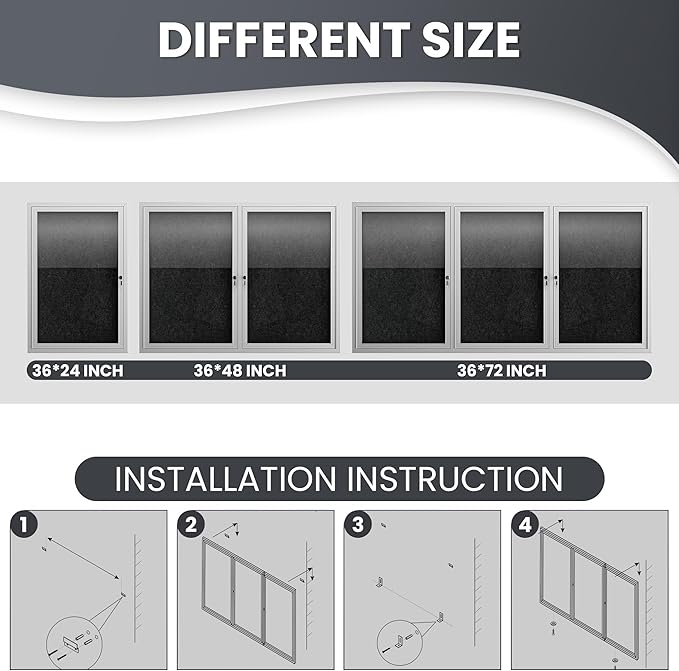 72"x36" Lockable Enclosed Bulletin Board, Outdoor Flet Weather-Resistant Aluminum Frame Notice Board, Wall Mounted Display Case Acrylic Doors for School,Office,Silver Frame w/Black Flet