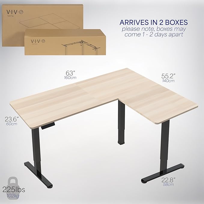 VIVO Electric Corner 63 x 55 inch L-Shaped Standing Desk, Memory Height Adjustment, Light Wood Top Black Frame, DESK-E3CTBC