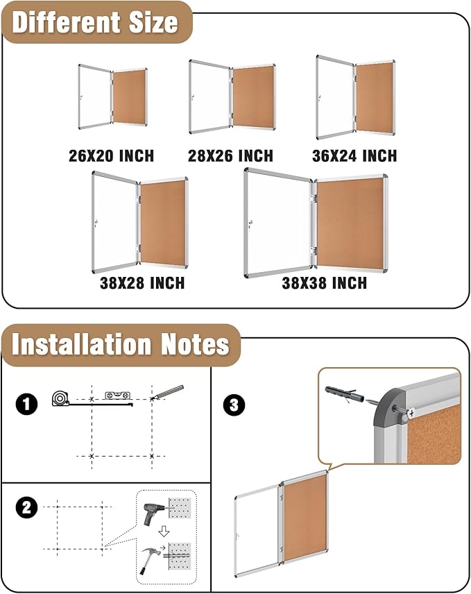 Mifuro 28"x26" Enclosed Bulletin Board, Lockable Weather-Resistant Aluminum Cork Noticeboard for School & Office, Silver Frame w/Cork