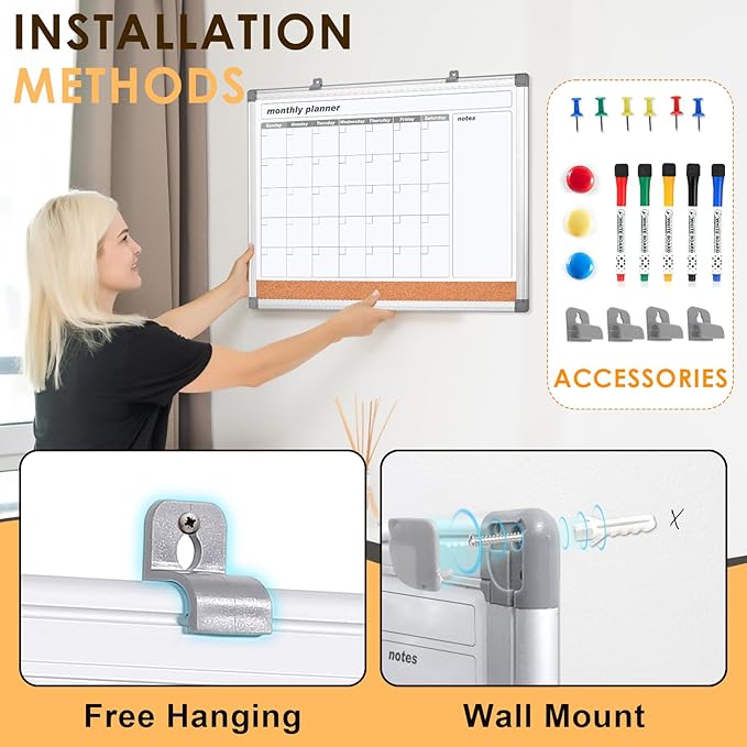 MAKELLO Dry Erase Calendar for Wall 24" x 18", Whiteboard Calendard with Cork Board for Office, Home, School, Family, Kitchen and Bedroom