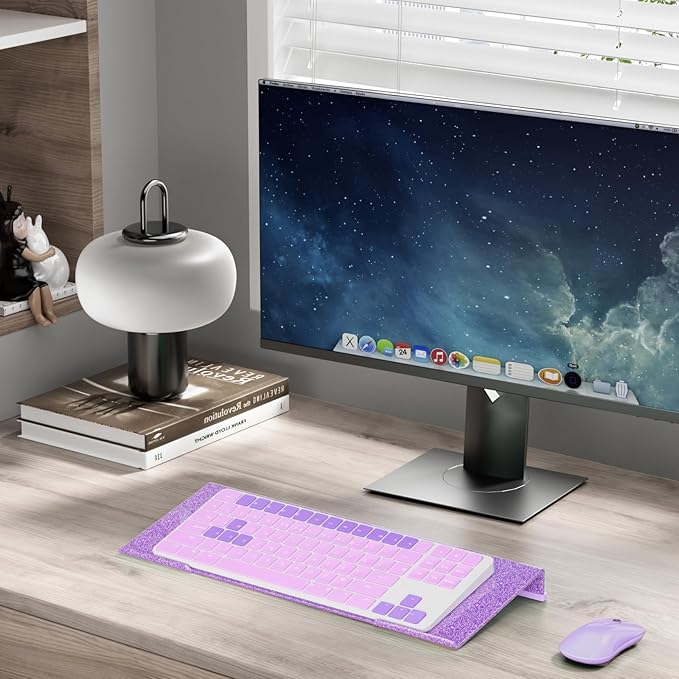 BEEGO Ergonomic Computer Keyboard Stand - Glitter Purple Acrylic Keyboard Riser Tilted Keyboard Holder Keyboard Tray with Purple Non-Slip Strip for Easy Typing at Home School Office Desk Accessories
