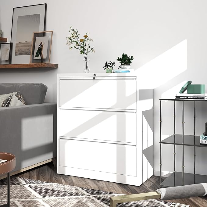 FLIXELIO File Cabinets 3 Drawer,Metal Office Storage Filing Cabinet with Lock,White Lateral Filing Cabinet for Home Office,Horizontal Locking File Cabinets for Legal/Letter/A4 Files,Assembly Require