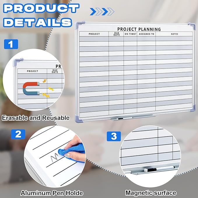 Lincia Project Planning Dry Erase Whiteboard Magnetic Dry Erase Board with Lines Sliding Marker Tray Aluminum Frame White Board Planner for Wall Scheduling(36"x24",Project Planning Horizontal)
