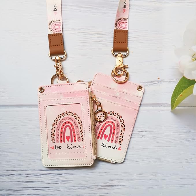 lanyards for id Badges, Lanyard Wallet for Women,Fashion Badge Holder with Zipper（Be Kind