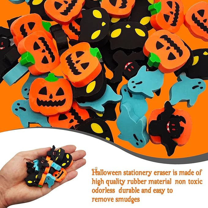 Halloween Mini Erasers for Kids - 4 Styles Cute Pumpkin Ghost Bat Erasers, Trick or Treat Party Favors, Goody Bag Filler 48pcs, Decorations