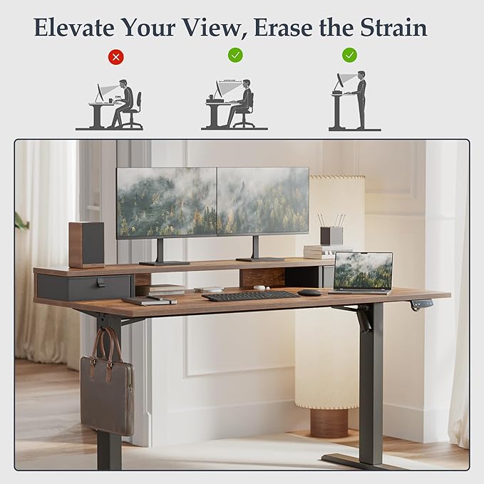 Klicelor 55 Inch Electric Standing Desk with Drawers, Adjustable Height Small Sit Stand Desk for Home Office, Compact Computer Workstation with Storage– Rustic Brown