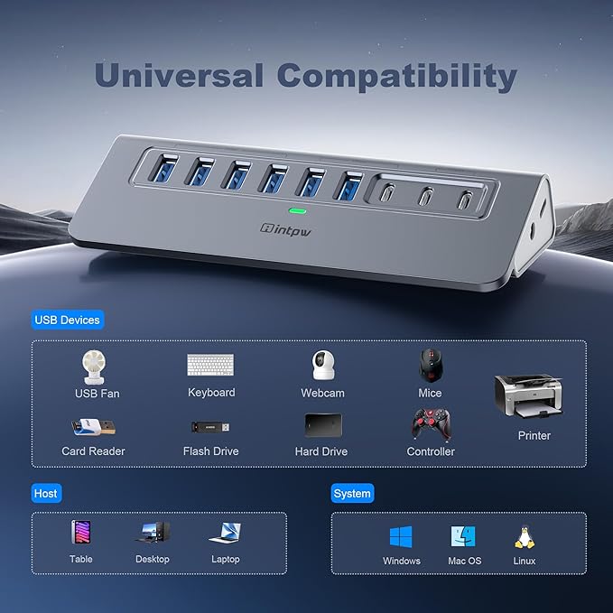 YH6AC Powered USB Hub 10Gbps, intpw 9-Port USB Splitter with USB A/USB C 3.2, 4 USB 3.0, 2 PD 45W Charging Ports, 65W Power Adapter + 3.3FT Cable, Aluminum USB Extender Hub for Laptop, PC,iPhone 17/16