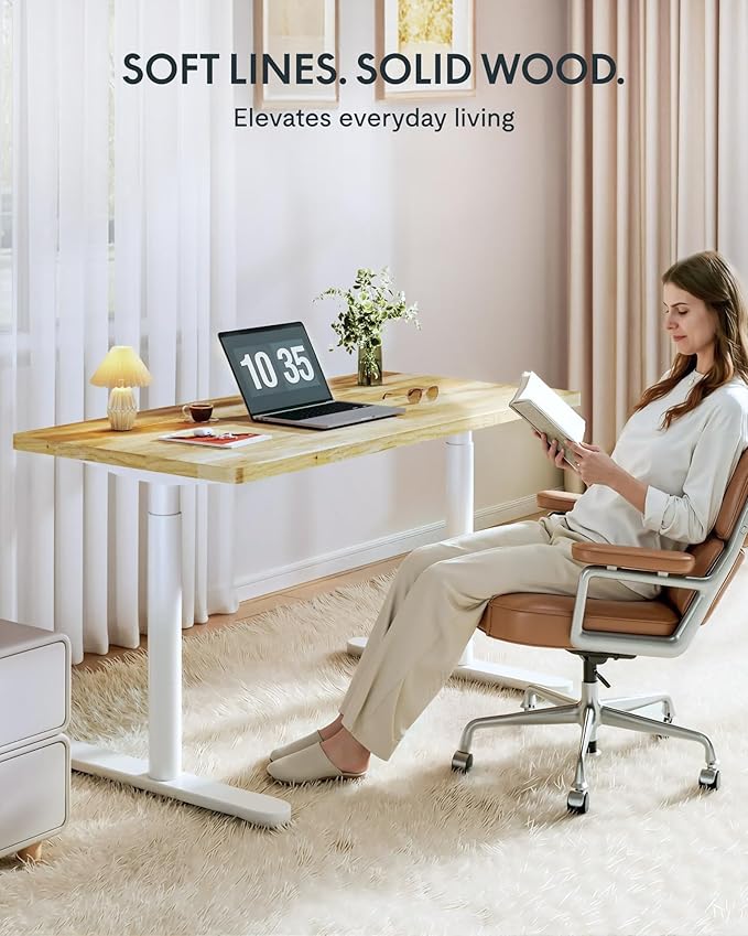 FLEXISPOT Solid Rubberwood Electric Standing Desk with Elegant Oval Legs, 63"x24" Height Adjustable Desk for Home Office & Living Spaces (White Frame)