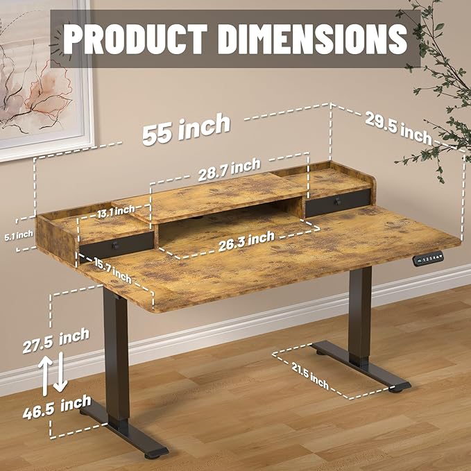 ExaDesk 55 x 30 Inch Electric Standing Desk with 2 Drawers, Adjustable Height Widened Stand Up Desk with Storage, Sit to Stand Ergonomic Workstation for Home Office, Rustic Brown