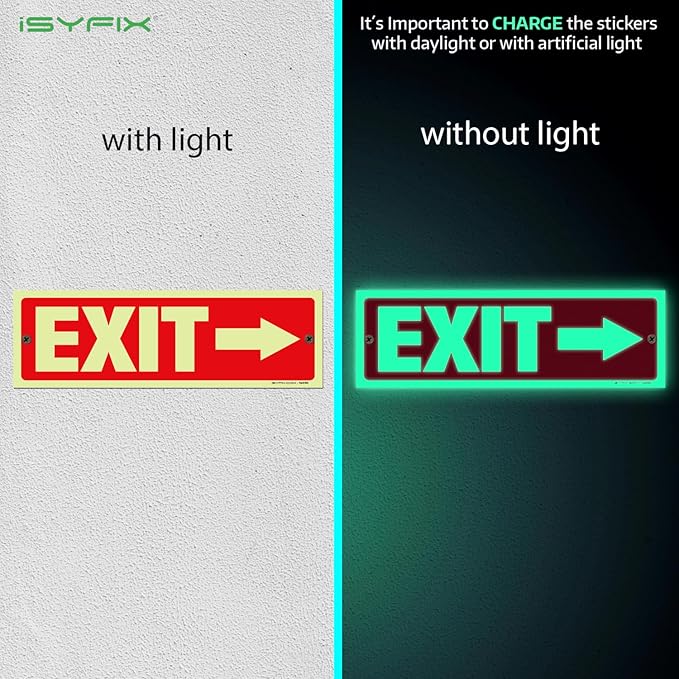 iSYFIX Exit Signs with Directional Right Arrow - 6 Pack 12x4 Inch Glow in the Dark for Business, School, Office, Warehouse - Durable 40 Mil Polystyrene, UV Laminated, Waterproof, Scratch & Fade Resistant