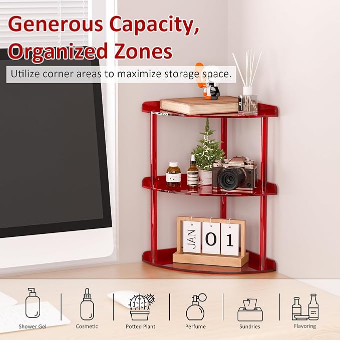 Sezanrpt 3 Tier Acrylic Corner Shelf Organizer Storage 9.5x9.5x15.7 Inch, Red Countertop Corner Shelf for Bathroom, Kitchen, Bedroom, Office, Study Room
