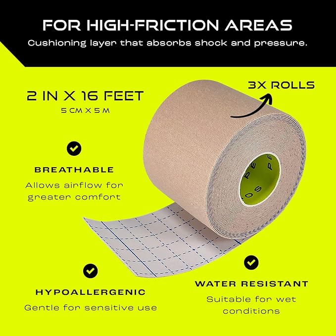 Pebbos Moleskin Tape (3 Rolls) – 2in x 16ft – Anti-Friction Cushioning Tape | Water-Resistant & Hypoallergenic | Thin Moleskin Athletic Tape for Running, Hiking, Walking