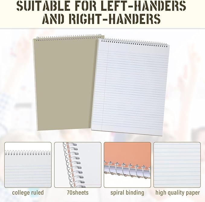 Maitys 6 Pcs Legal Pad Steno Spiral Notebook 8.5" x 11" Top Bound Spiral Pads Hard Cover College Ruled Notepad 70 Sheet Pad for School Office University Home(Stylish Color,Classic Style)