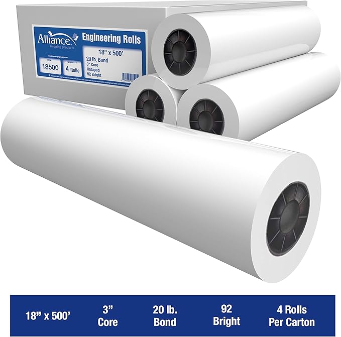 Alliance Wide Format Paper Rolls, 20lb with 3" Core (18 In x 500 Ft | 3" Core, 20lb | 4 Rolls)
