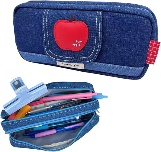 Haumei Canvas Pencil Case Large Capacity, Big Denim Pen Pouch with Zipper, Cute Durable Portable Stationary Storage Bag Organizer for Adults Women, Dark Blue, Apple