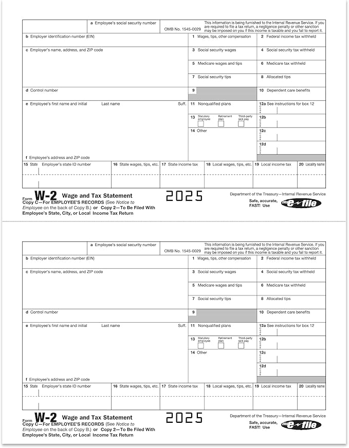 W2 Forms 2025, 6 Part Tax Forms, 25 Employee Kit of Laser Forms Designed for QuickBooks and Accounting Software