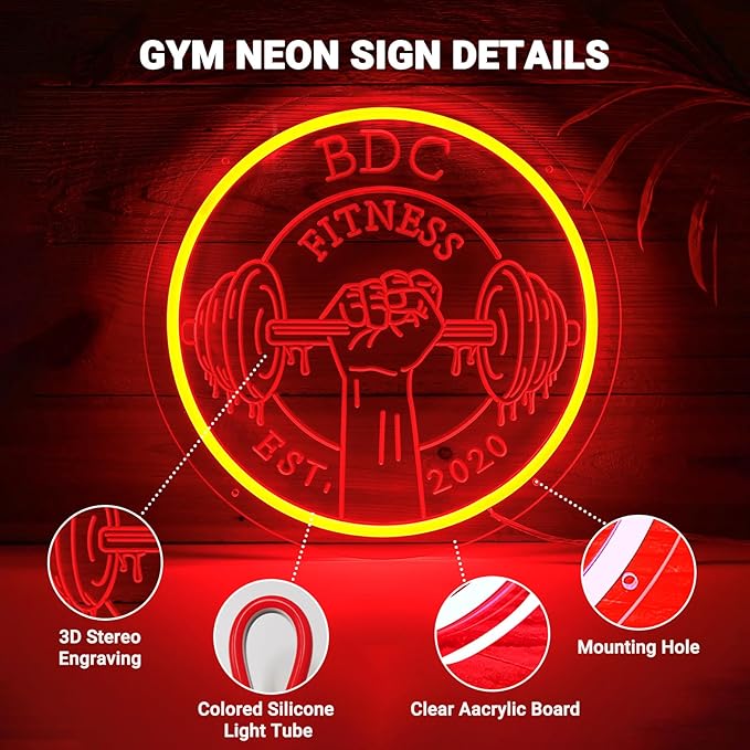 Personalized Gym Neon Sign, Large Custom Dumbbell Barbell Name LED RGB Multiple Colors Neon Light for Home Gym Workout Room, Fitness Studio, Sport Club, Man Cave Sports Equipment Stores Decoration Fitness Lover Dad Friends Gift