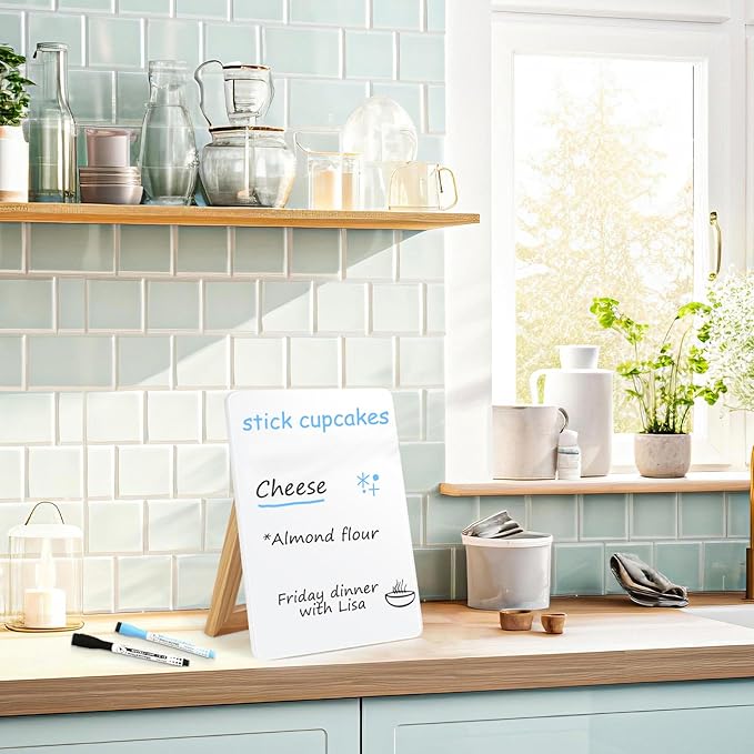 WALGLASS Desktop Glass White Board 11"x 8" with Reversible Wood Stand, Small Dry Erase Board, Portable Whiteboard for Desk, Reusable Desk Notepad with 2 Markers&Eraser for Home, Office