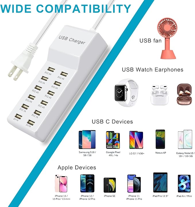 USB Charger Station Block Multiport Charger Hub with Fast Charging Wall Charger for Multiple Devices USB Charging Port Compatible with Cell iPhone Android Smartphone Smart Watch