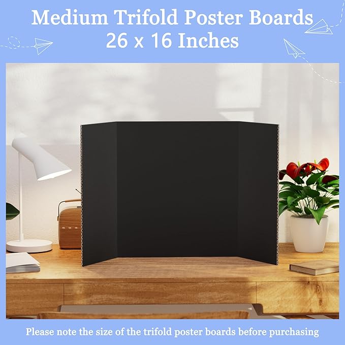 AKONEGE 12Pcs Medium Trifold Poster Board, 26" x 16" Black Corrugated Cardboard Tri Fold Poster Boards for School Projects, Presentations, Science Fair, Photo Display, Art Exhibition