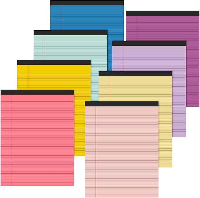 Fuutreo 8 Pcs 8.5'' x 11'' Colored Legal Pad Writing Pads Narrow Ruled 50 Sheets Per Notepad Perforated Writing Notepad Office Supplies for College Office Business (Childlike Color)