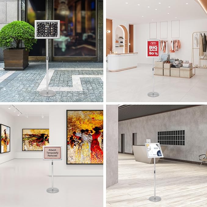SENZHIYI Adjustable Poster Stand Holder Heavy Duty Snap Open Aluminum Pedestal Floor Standing Sign Holder Vertical and Horizontal View Sign Displayed 8.5x11 Silver（2pack