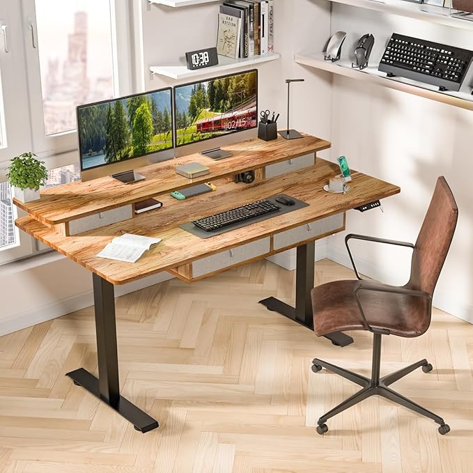Kingant 63 x 30 Inch Electric Standing Desk with 4 Drawers, Adjustable Height Computer Desk for Home Office, Large Workstation Sit Stand Up Desk with Built-in USB A/C Ports, Light Rustic Brown
