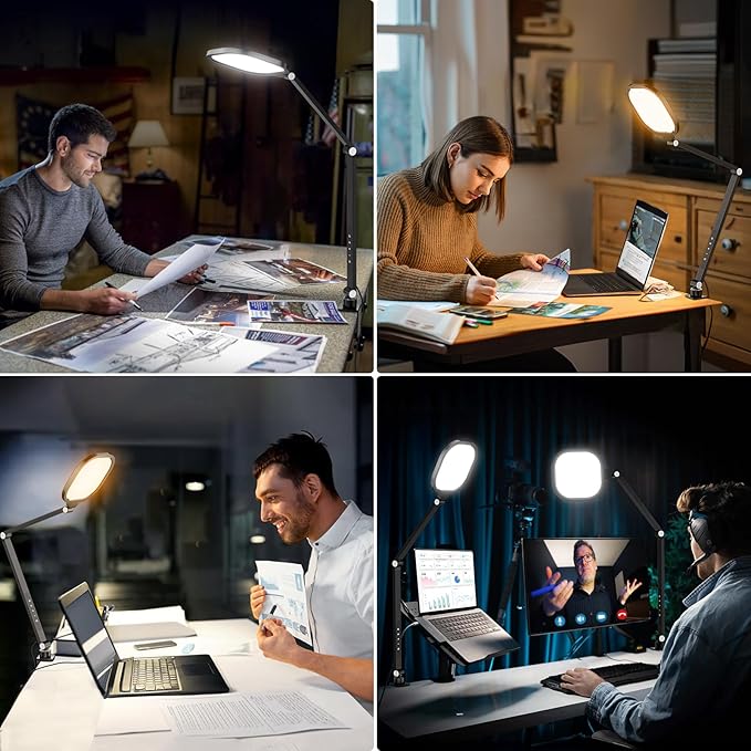 LitONES 2 Packs Led Desk Lamps for Home Office, 1200LM Dimmable Clamp-on Desktop Light, Adjustable Swing Arm Ring Light with Stand, Memory & Timer Function, Eye-Caring Design