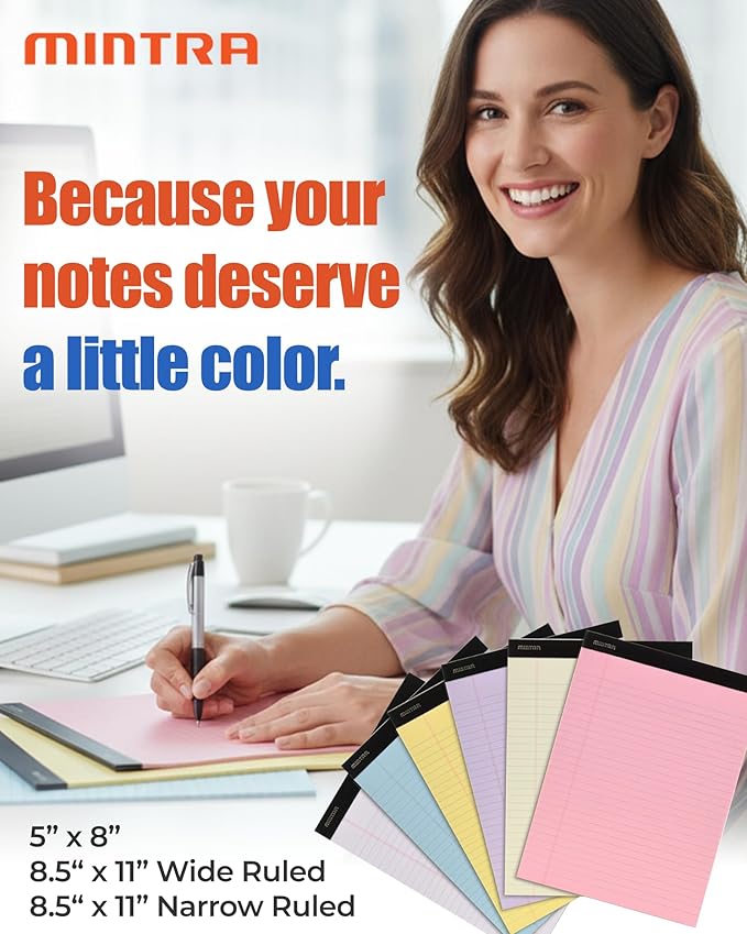 Mintra Office Legal Pads - ((BASIC PASTEL 6pk, 5in X 8in, NARROW RULED)) - 50 Sheets per Notepad, Micro perforated Writing Pad, Notebook Paper for School, College, Office, Professional