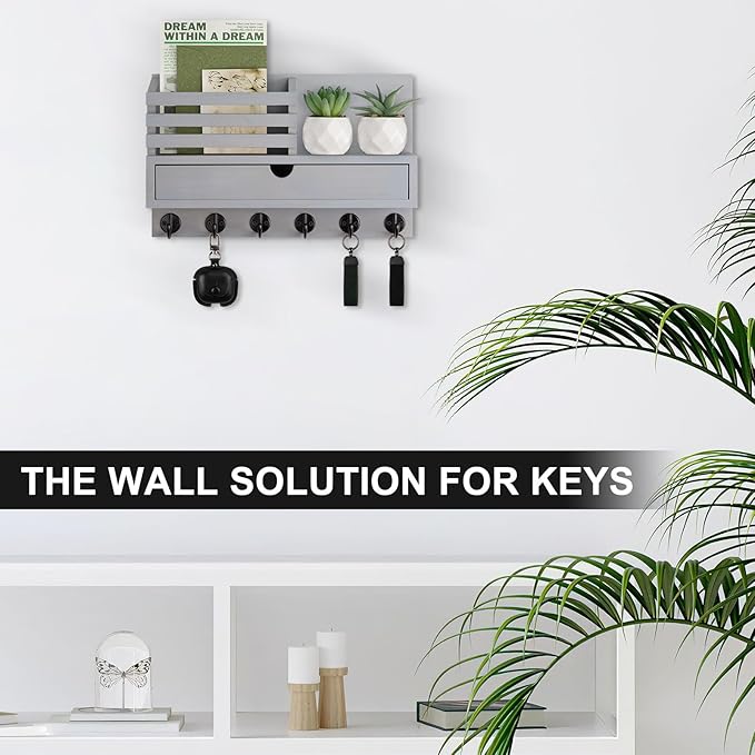 Lucundm Key Holder Wall Mount, Mail Holder with Storage Drawer and 6 Key Hooks for Coat, Dog Leash, Home Decor Rack, House Accessories, Entry Way Organizer