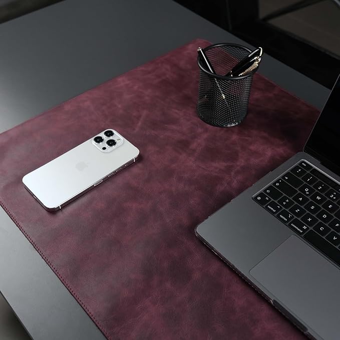 TORONATA Jersey Genuine Calfskin Leather Desk Pad, Office Desk Mat with Non-Slip Bottom, Smooth Surface for Mouse & Keyboard, Desk Protector (14.6x31.5 inches) (Purple)