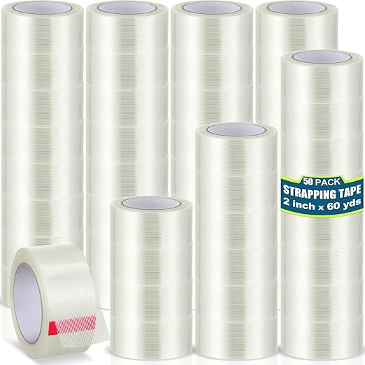 Treela 50 Rolls Strapping Tape 2 Inch X 60 Yards 5.5 Mil Fiberglass Filament Tape Transparent Reinforced Heavy Duty Packing Strips for Shipping Sealing Binding Fixing