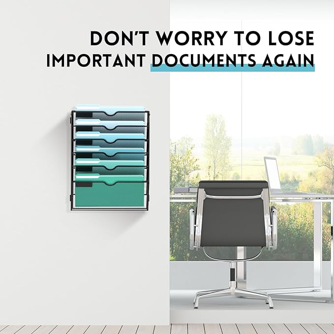 SUPEASY 6-Tier Wall File Organizer, Hanging Wall Files for Papers, Folders, Magazines, Wall Organizer for Clipboard, Assembly Needed, Black
