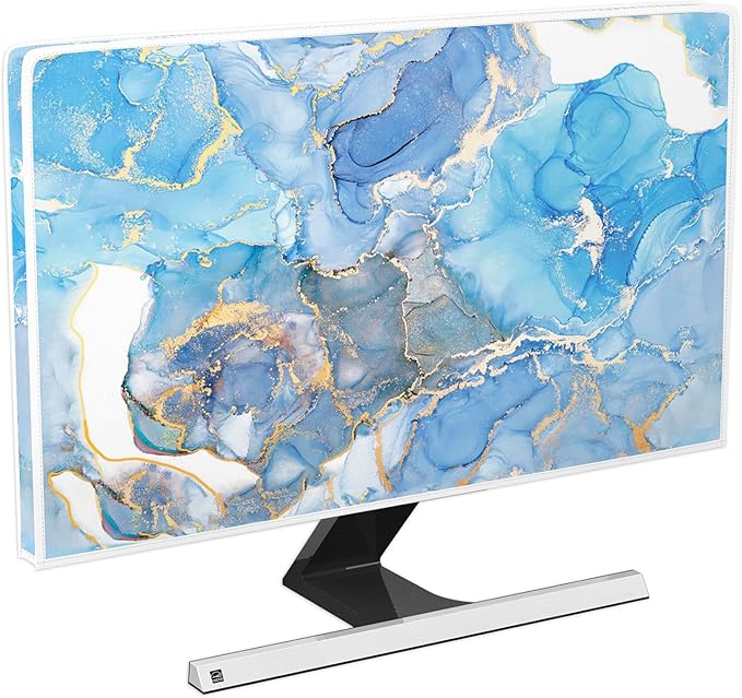 Baocicco Baby Blue Gold Marble Waterproof Computer Monitor Dust Cover 26, 27, 28 Inch Modern Monitor Accessories Laptop TV LCD Fashion Screen Monitor Decoration for Tablet Home Office Computer