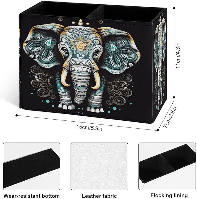 Famame Vintage Lotus Ethnic Elephant Pencil Holder for Desk, Leather Desktop Container Pen Cup Storage Study Table Pen Organizer Makeup Brush Holder for Classroom Office Home