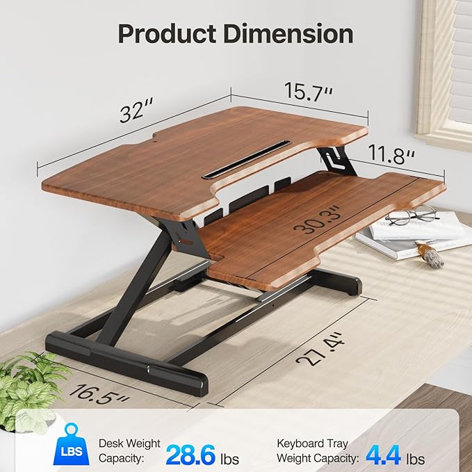 JYLH JOYSEEKER Standing Desk Converter 32 inch, Height Adjustable Sit Stand Desk Riser, Quick Sit to Stand Tabletop Dual Monitor Riser Workstation for Home Office with Keyboard Tray, Dark Wood