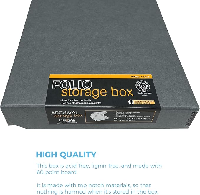 Lineco Folio Storage Box, Clamshell Design with Metal Edge. 11.5x14.5x1.75 Inches, Archival Boxboard, Preserve Photos, Cards, Magazines, Documents, Art, Ephemera, Family Records, Gray, Pack of 2