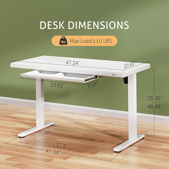 Furmax Adjustable Height Electric Standing Desk with Drawers, 48 Inch Sit Stand Desk with One-Piece Thickened Desktop & USB Charging Port for Home Office Computer Desks (White Desktop, 48 Inch)
