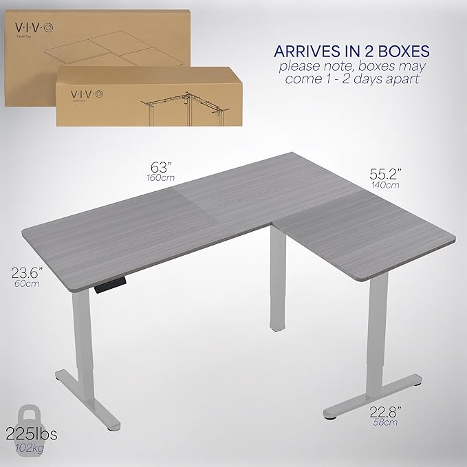 VIVO Electric Corner 63 x 55 inch L-Shaped Standing Desk, Memory Height Adjustment, Dark Gray Top Gray Frame, DESK-E3CTGG