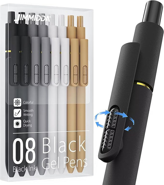 JIMMIDDA 8Pcs Black Gel Pens - 0.7mm Medium Point Black Ink Pens | Smooth Writing - Quick Drying Retractable Pen for Men Women (Classic - 8Pcs)