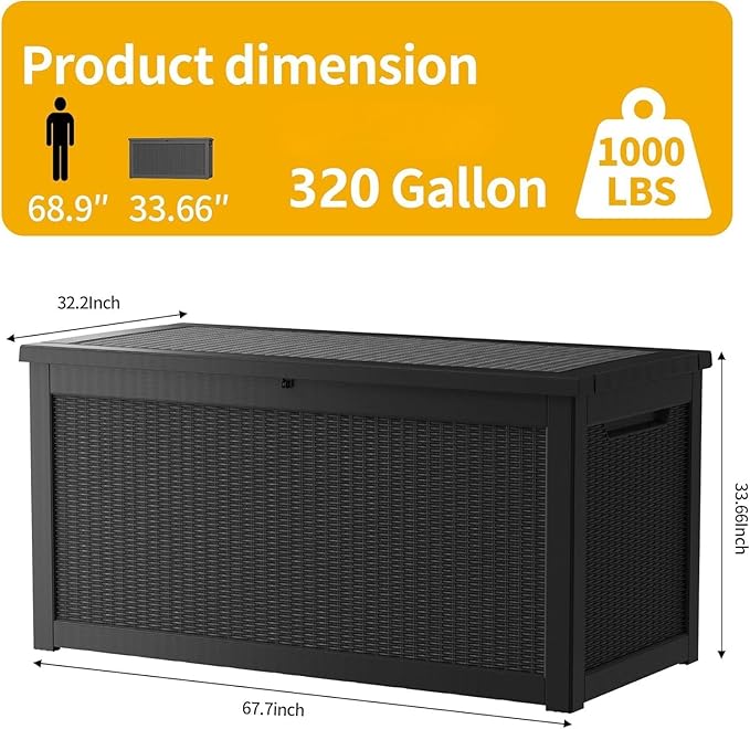 Decksplore 320 Gallon Outdoor Storage Box Waterproof Lockable Resin Deck Box Large, Patio Storage Bin for Pool Accessories Cushion Furniture, Garden Tools, UV-Resistant Outside Delivery Black