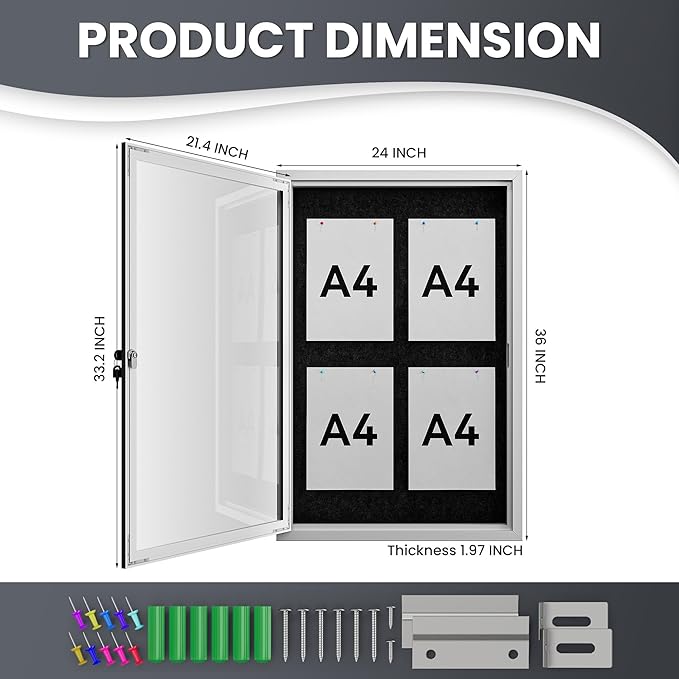 36"x24" Lockable Enclosed Bulletin Board, Outdoor Flet Weather-Resistant Aluminum Frame Notice Board, Wall Mounted Display Case Acrylic Doors for School,Office,Silver Frame w/Black Flet
