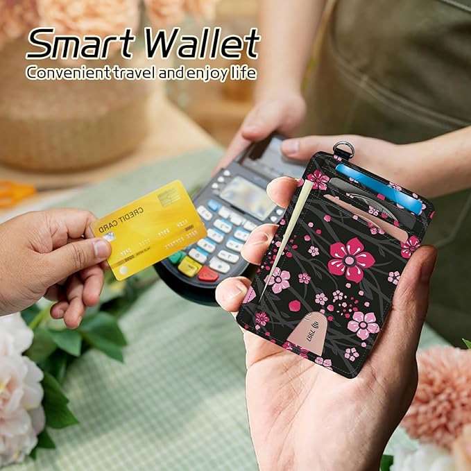 BWEGRHE Small Travel Wallets, Pink Cherry Blossom Slim Minimalist Front Pocket Wallet with Wristlet, RFID Blocking PU Leather Credit Card Holder with ID Window Change Purse for Men Women