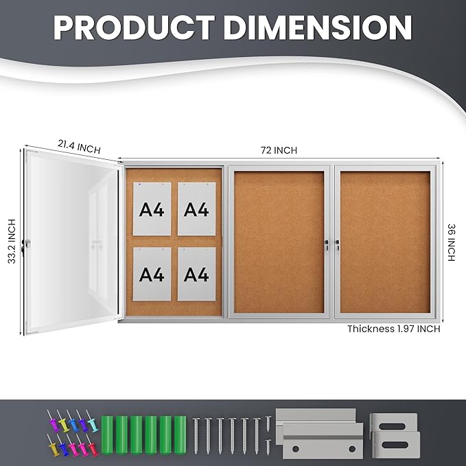 72"x36" Lockable Enclosed Bulletin Board, Outdoor Cork Weather-Resistant Aluminum Frame Notice Board, Wall Mounted Display Case Acrylic Doors for School,Office,Silver Frame w/Cork