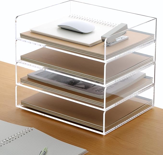 Acrylic Paper Tray, 4 Tier Paper Organizer for Desk, Clear Acrylic Desk Organizers, Stackable Letter Tray Workspace oaganzier -Art Storage for School Classroom -4 Pack…