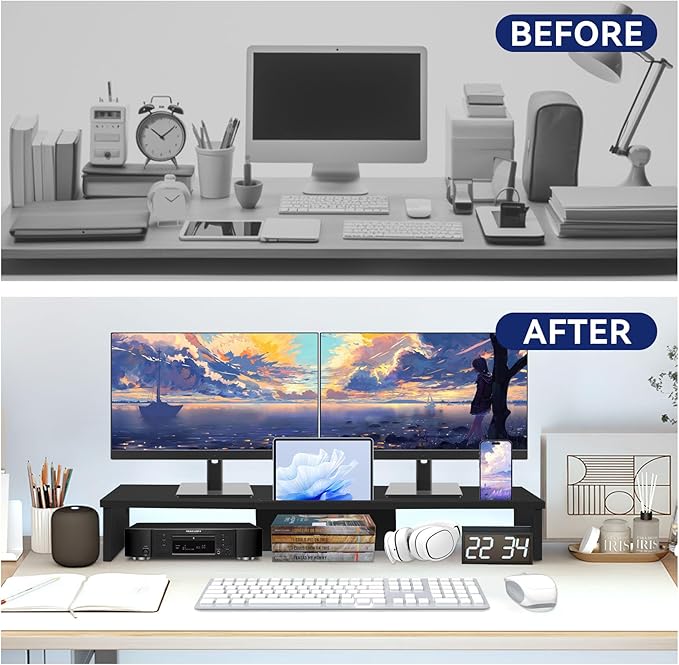 Qupui Dual Monitor Stand Riser with LED Lights and Phone Tablet Holder, 35.8in Large Monitor Stand for Desk, Computer Monitor Stand for 2 Monitors, Desktop Shelf Organizer for Laptop, Printer, TV