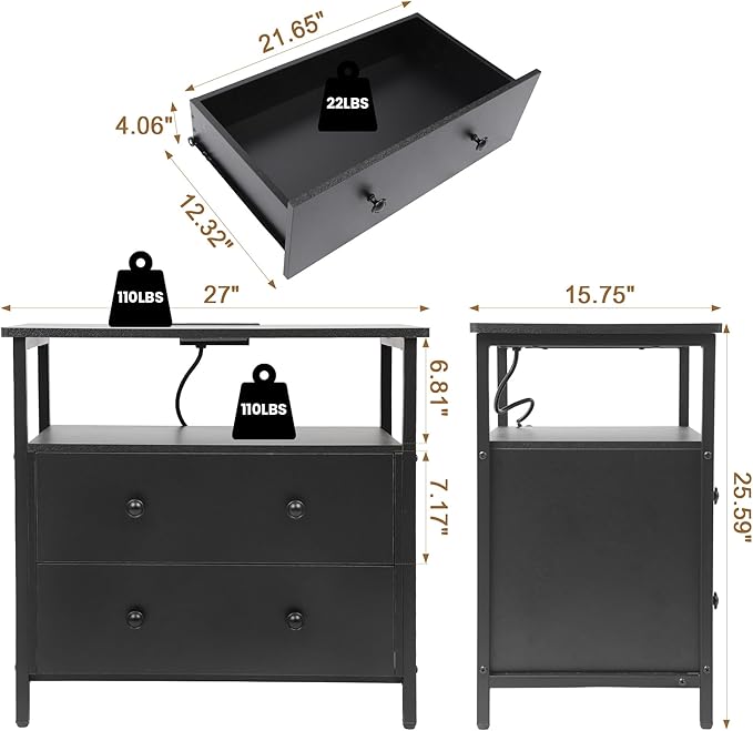 Edbuosy 27 inch Wide Night Stand Set 2 with Charging Station, Bedside Table with Open Shelf, 2 Drawers Small Wood Dresser, Modern Wood Nightstand for Bedroom/Living Room (Black)