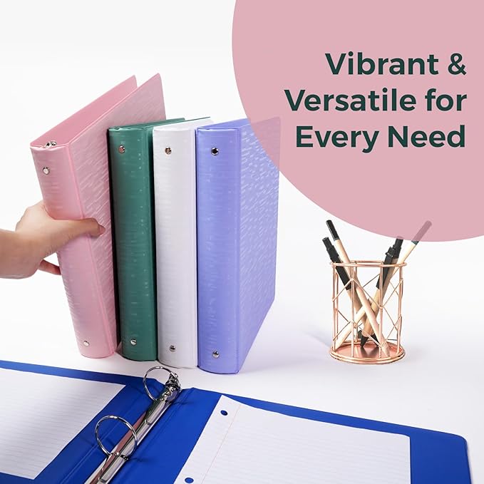 POPRUN 3 Ring Binder 1 Inch, PVC-Free, Holds 175 Sheets of 8.5 x 11 Paper, Extra Durable Organizer with 2 Pockets for School & Office, Heavy-Duty, 4 Pack, White